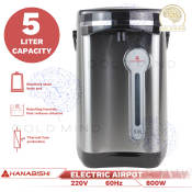 Hanabishi Electric Airpot 5L Stainless Steel, Reboil, Press Dispense