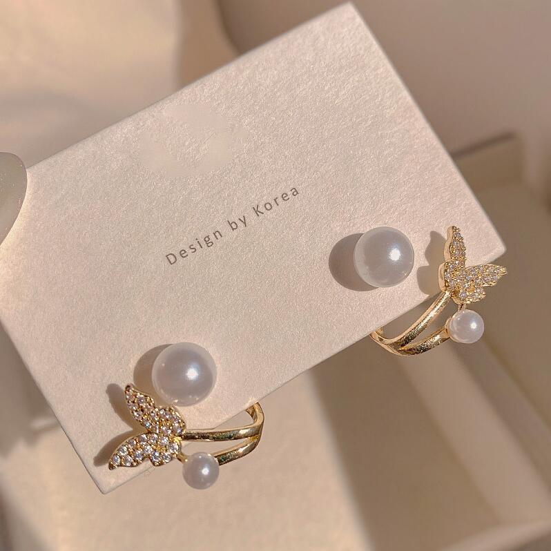 [YAN K] Pair Korean Crystal Butterfly Pearl Stud Earrings For Women Girls  Delicate Earring Party Jewelry Accessories