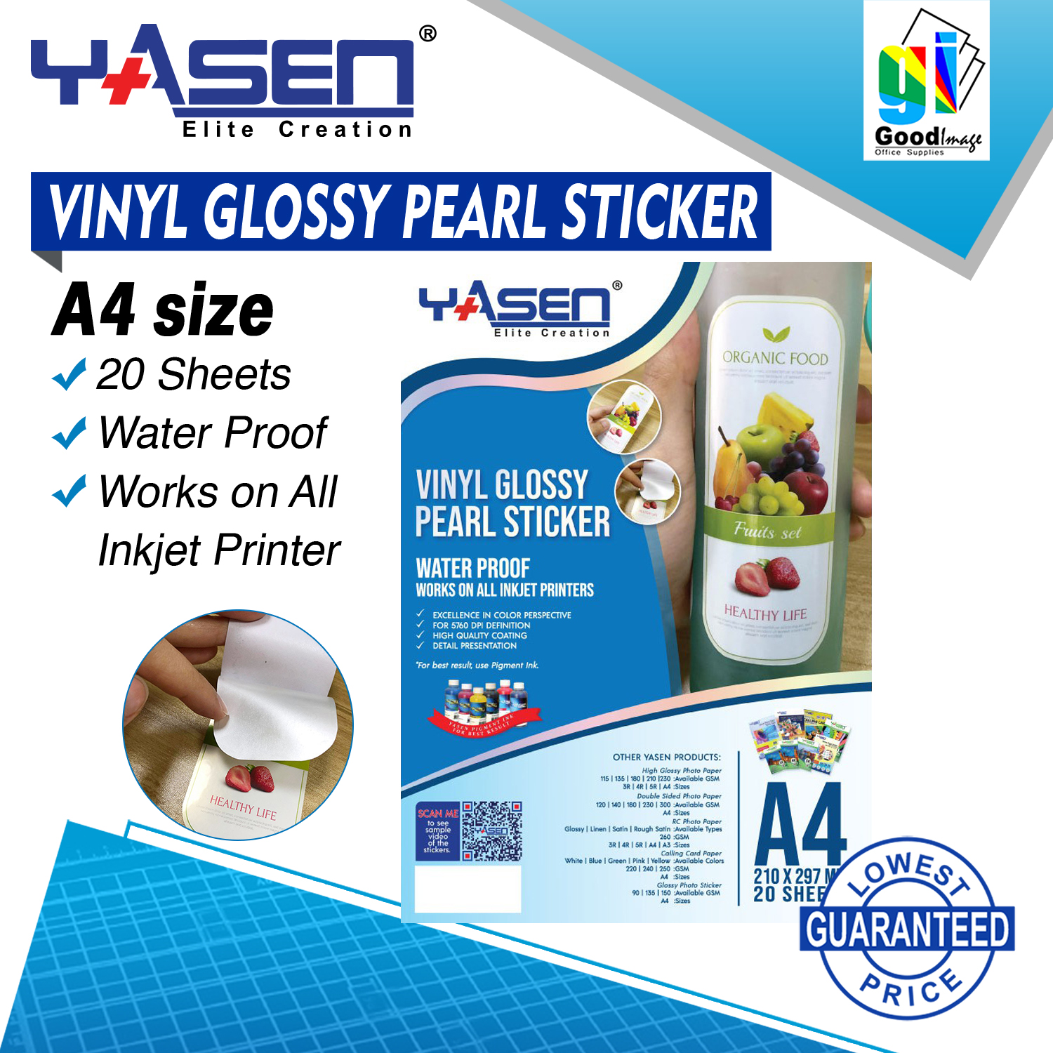 Yasen Transparent Vinyl Sticker Paper Waterproof A4 Size (20 Sheets)