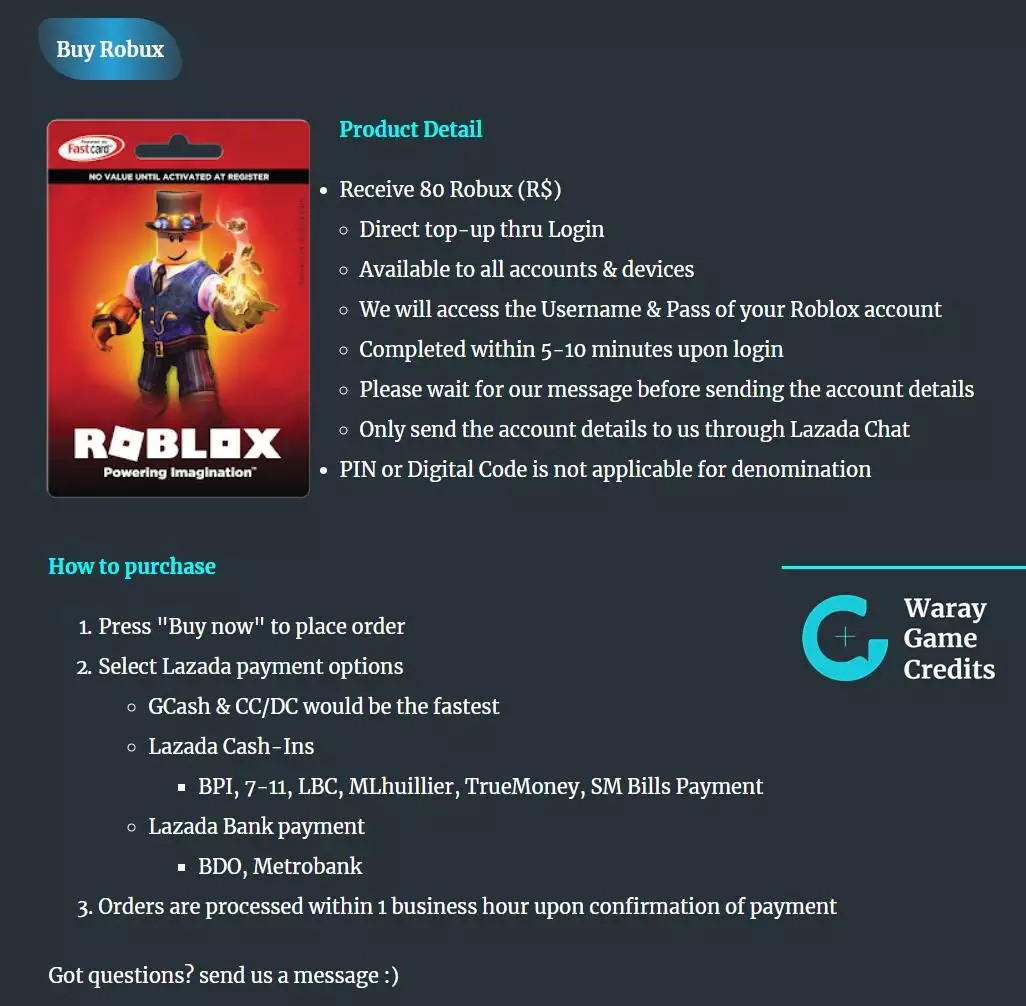 1 Roblox Credit 80 Robux No Physical Gift Card Code Lazada Ph - roblox game card pin number
