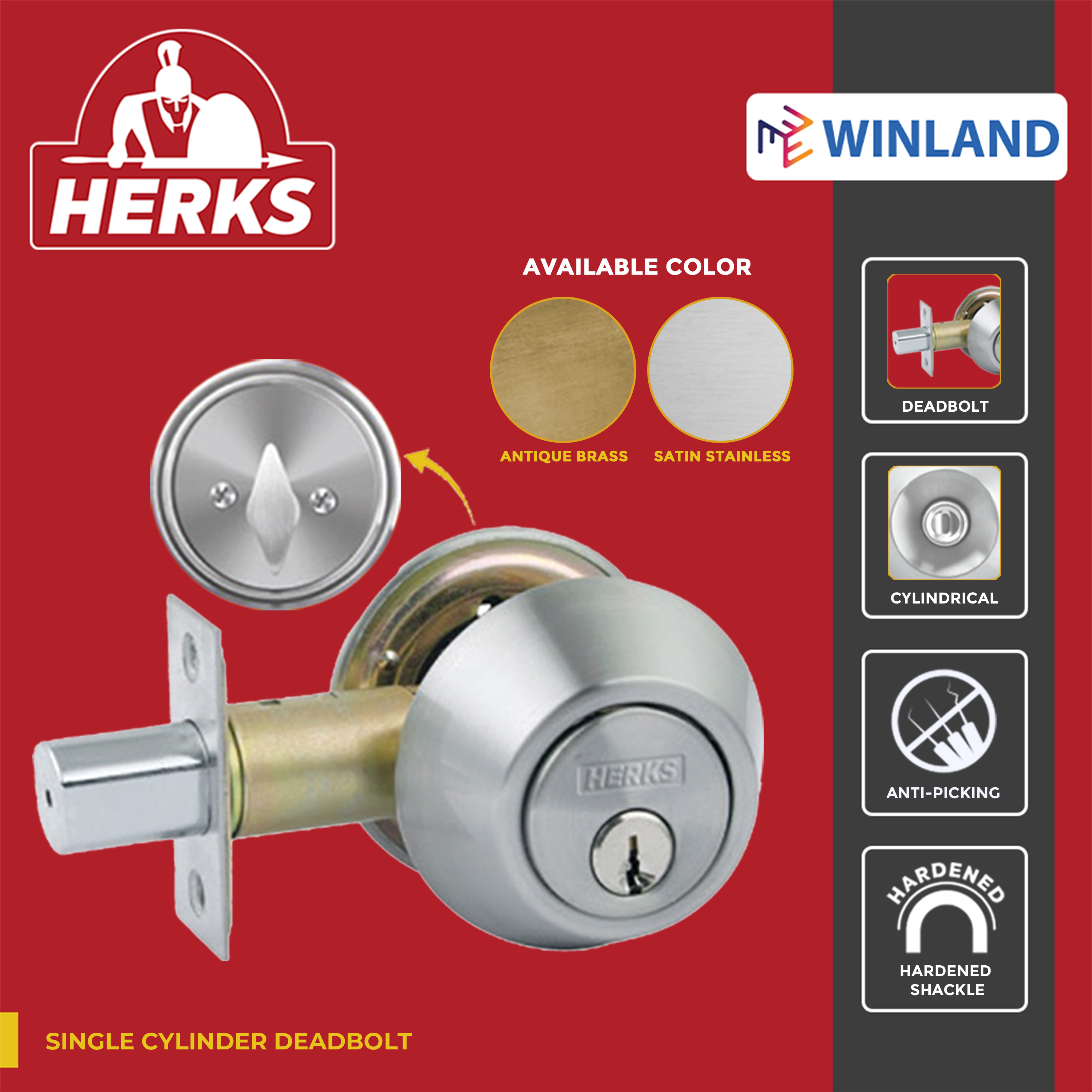 HERKS by Winland Satin Stainless/Antique Brass Deadbolts lock Single  Cylinder Lazada PH