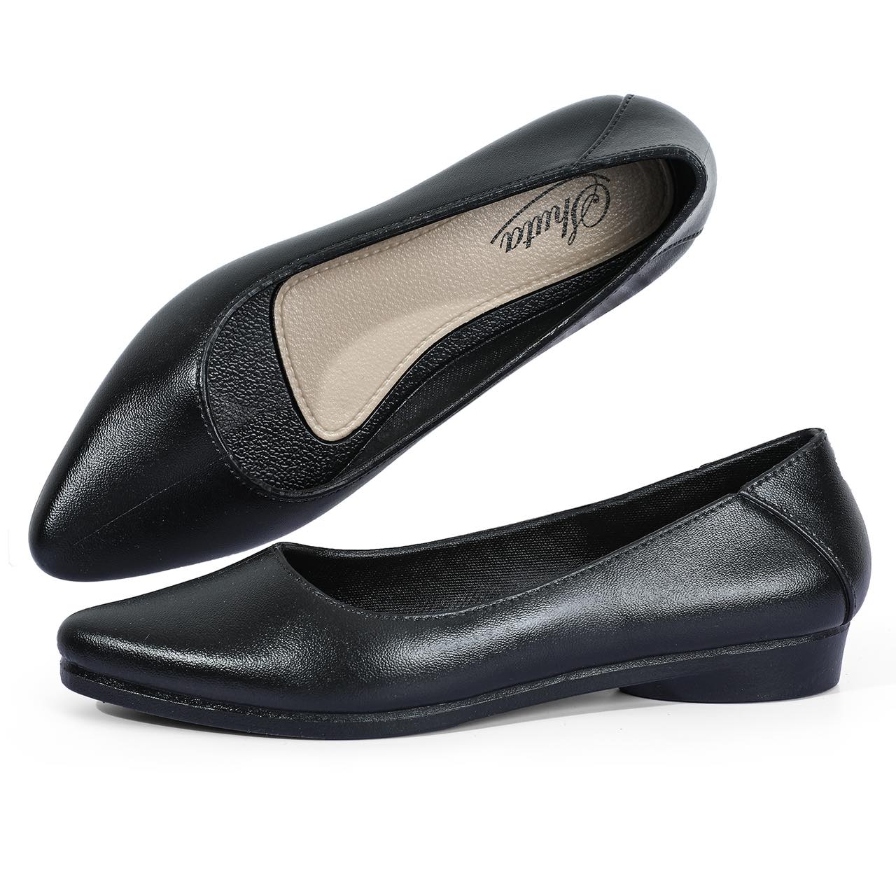 Ladies black leather flat best sale work shoes