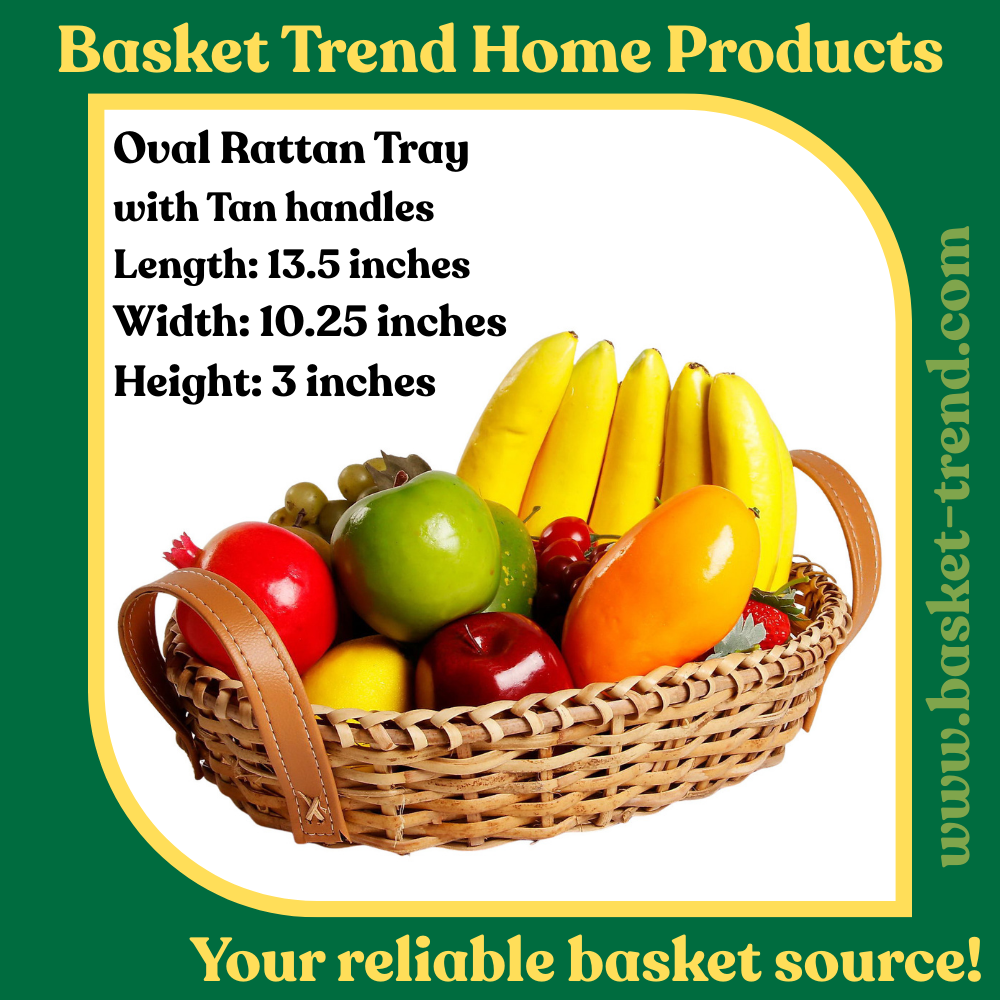 Product photo of Basket Trend oval rattan tray with faux-leather handles from its Lazada listing