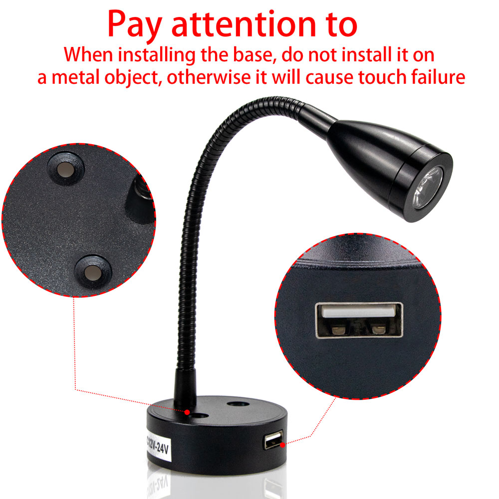 RV Boat LED Reading Light Dimmable Flexible Gooseneck Wall Lamp DC12V