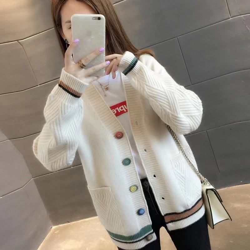 Korean Style Long Cardigan Sweater Plain Loose Casual Buttoned Pocket  Knitted Cardigan