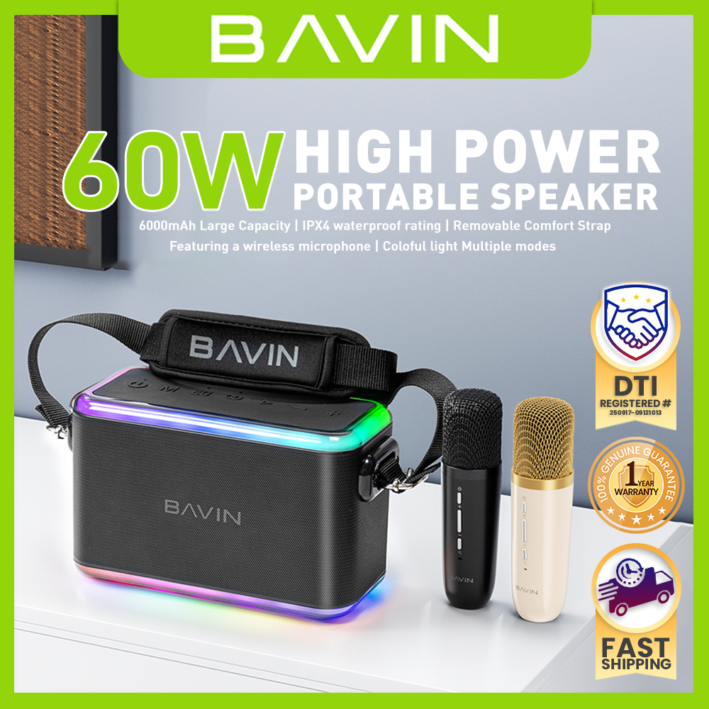 (New-Year Deals) BAVIN BM27 Bluetooth Speaker Portable Karaoke Machine w/ RGB Lights + Dual Wireless Microphones