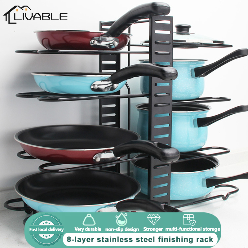 LIVABLE 8-Layer Pot Rack Kitchen Countertop Storage Rack Metal Organizer Shelf Multifunction Adjustable Plate & Pan Rack