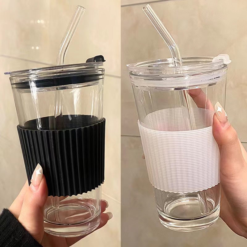 Mitsico Glass Tumbler With Lid And Silicon Straw Transparent