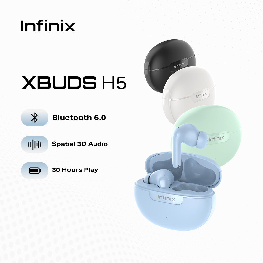 Infinix XBUDS H5 / Bluetooth 6.0 / Spatial 3D Audio / 30 Hours Play / AI ENC+DNS 3.0 Crystal Clear Calls / Dual Device Connection Earbuds