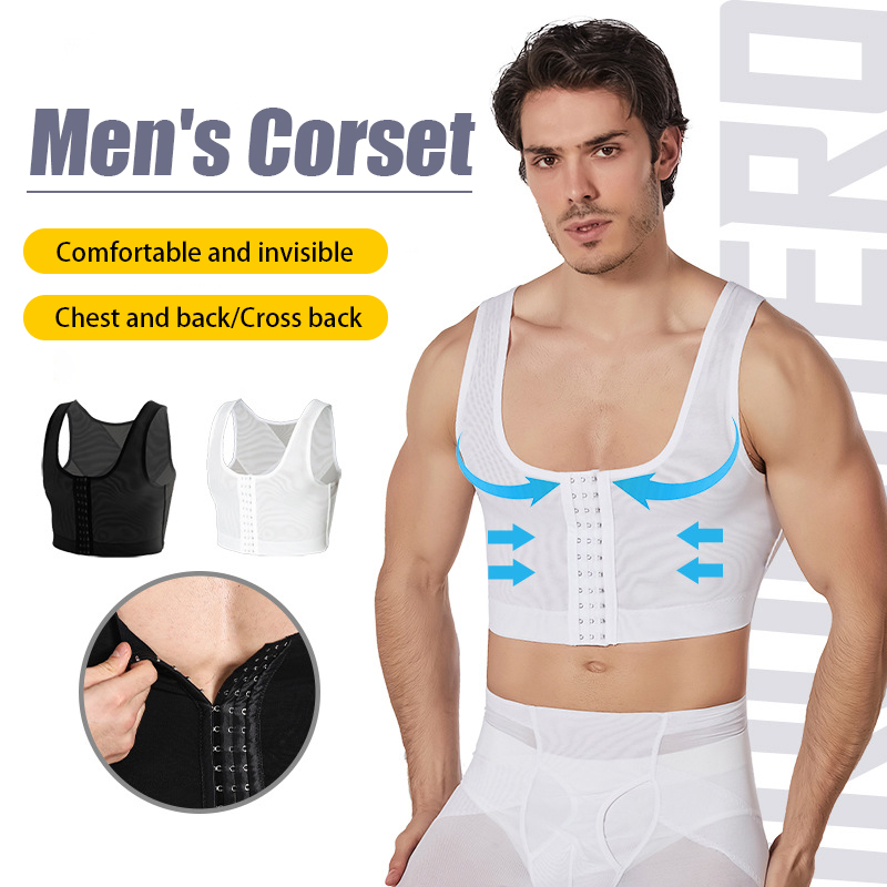 Men Vest Back Support Solid Bra ;Back Color U Collar Chest Shapers Gym  Office Sports Ground Exercising Shapewear Underwear White L