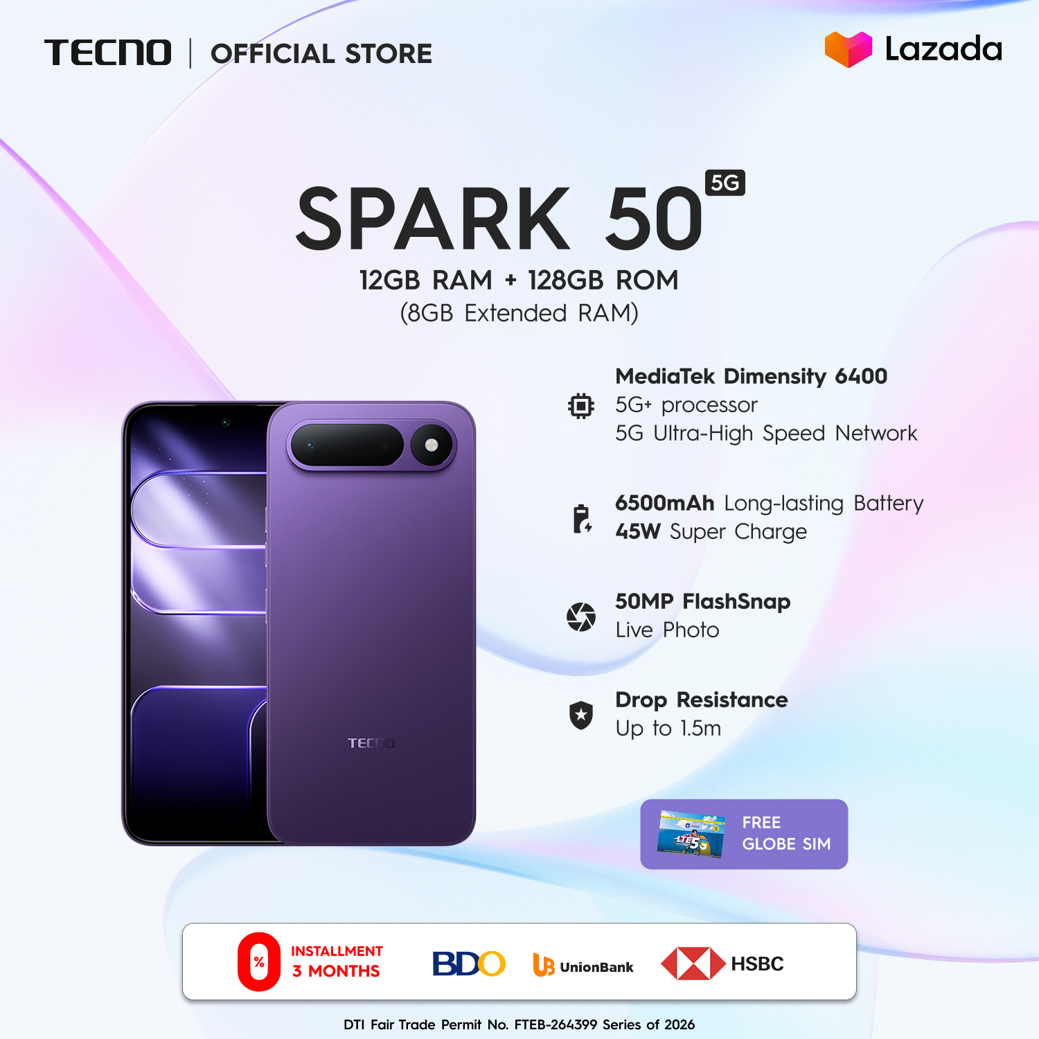 TECNO SPARK 50 5G 12GB (4+8)+128 / MTK D6400 5G / 6500mAh 45W Fast Charge / 50MP FlashSnap / IP64