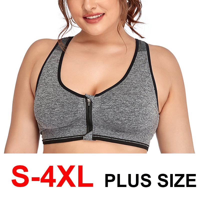 M-4XL Plus Size Women's Sports Bra Front Zipper Breathable Wirefree Padded  Push Up Sports Top Fitness Gym Yoga Workout Bra Tops (32A-100C)