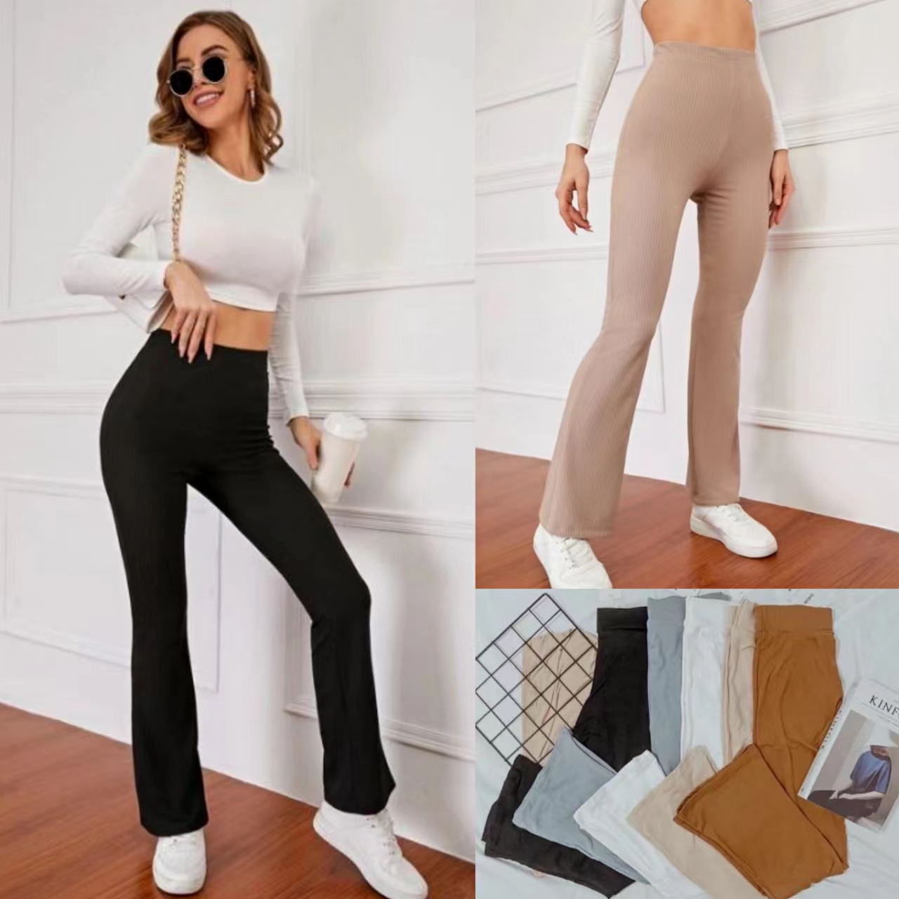 Trendy Knitted Basic Wide Leg Pants High Waist Pant Flare Leg Pants Trouser  (No Etiketa)