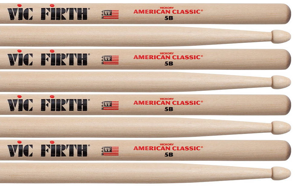 Vic Firth American Série Classique Baguettes de batterie - 5B - American  Hickory - Pointe en bois - 4 Paires P5B.3-5B.1