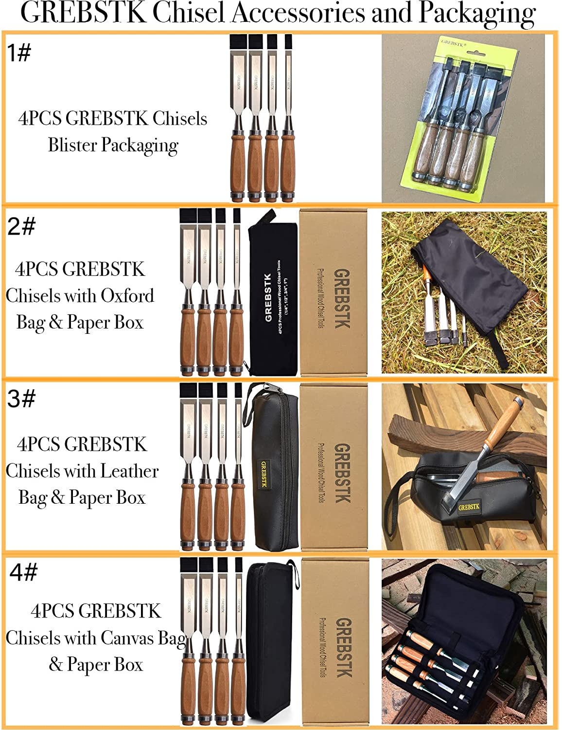 GREBSTK 4pcs Professional Wood Chisel Tool Sets Sturdy Chrome Vanadium Steel Chisel, 1/4 inch,1/2 inch,3/4 inch,1 inch (Oxford Bag)