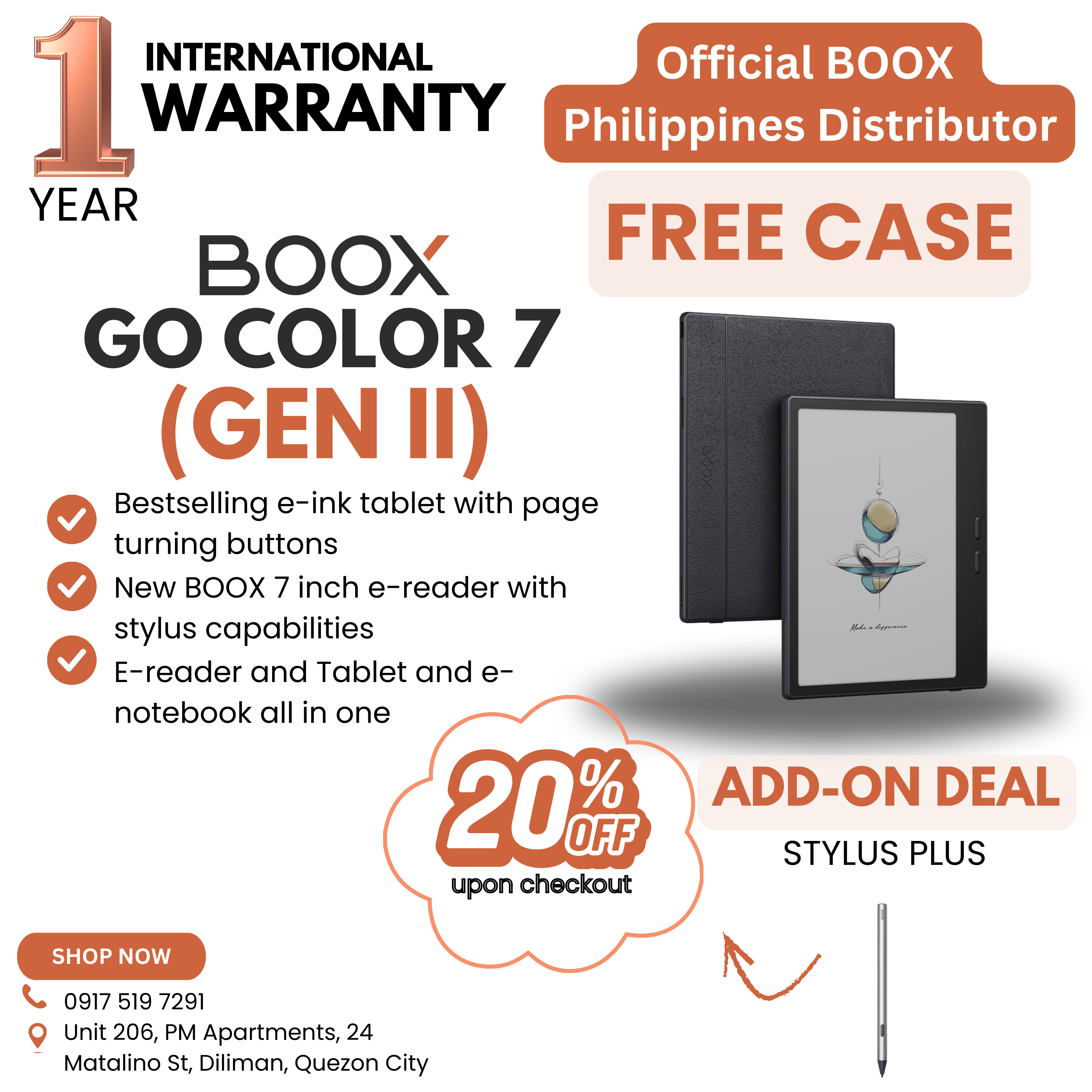 BOOX Go Color 7 Gen 2 - 7 inch COLORED E-ink reader with page-turning buttons and expandable storage eink reader tablet. InkSense Stylus Capable - Discounted add-on on Case and InkSense stylus (upon checkout) Presyo 21,599 Piso*Libreng Shipping