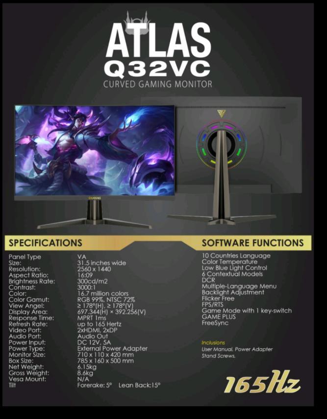 Gamdias ATLAS Q32VC 165hz VA 1ms Curved 2560 x 1440 HDMI DP Gsync and Freesync Compatible QHD Gaming Monitor