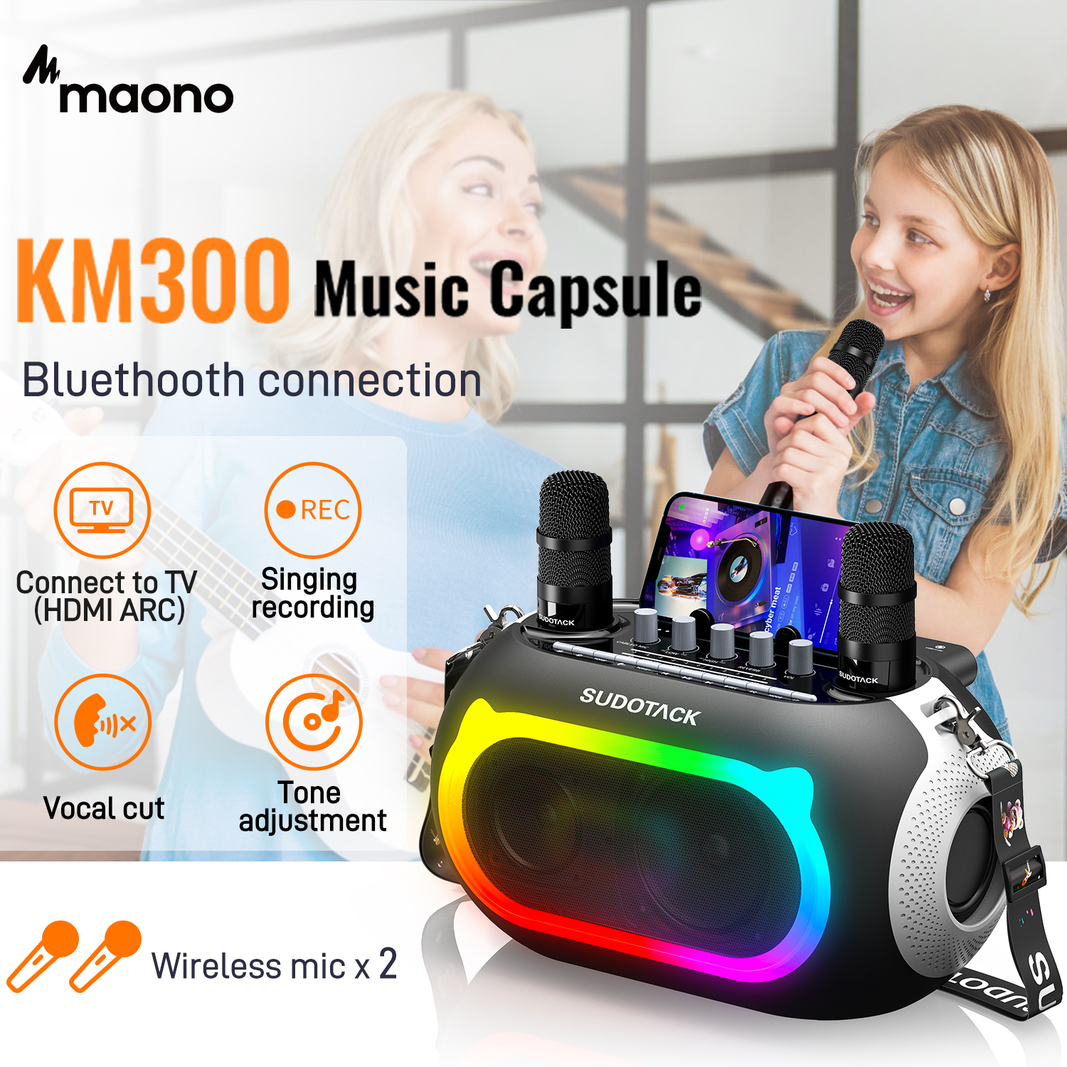 Manila Stock MAONO Sudotack KM300 Karaoke Machine With 2 Wireless Microphones Bluetooth Speaker,Portable Speaker Amplifier, for family friends gathering,singing outdoors,singsing anytime and anywhere