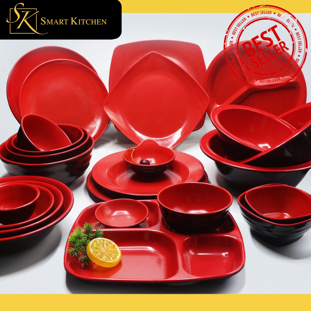 Red Black Melamine Dinnerware Set by Melaware - Giftable Quality