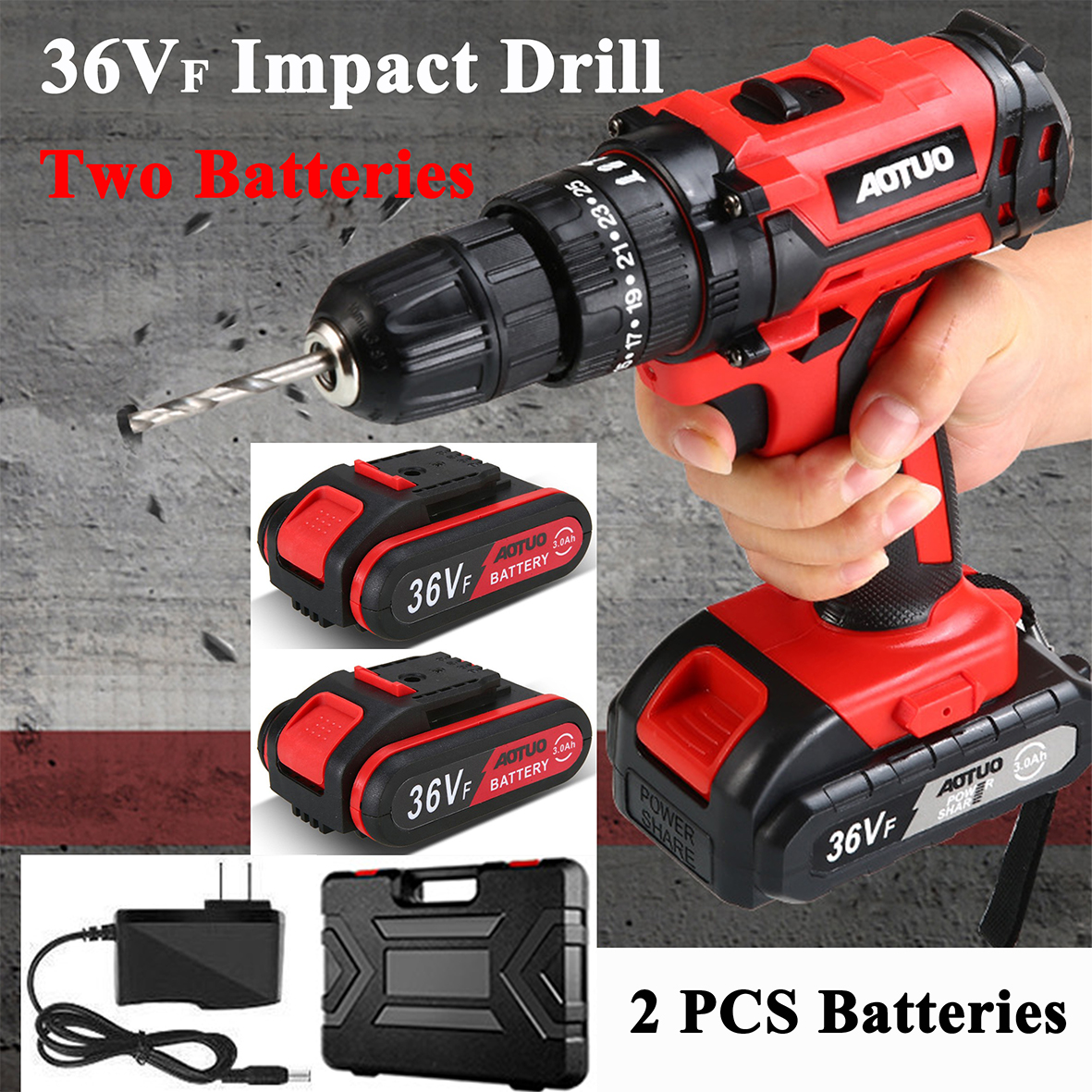 36VF Cordless Impact Drill Set with 2 Batteries