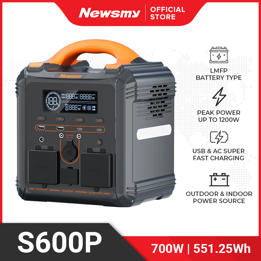 Newsmy S600P 700W-1200W Peak Power (147000mAh) Compact Portable Power Station with LMFP Battery and 551.25Wh Capacity for Home Backup, Camping & Outdoor Adventures, Emergencies with 2 AC Output Super Fast Charging, PD 100W and Pure Sine Wave