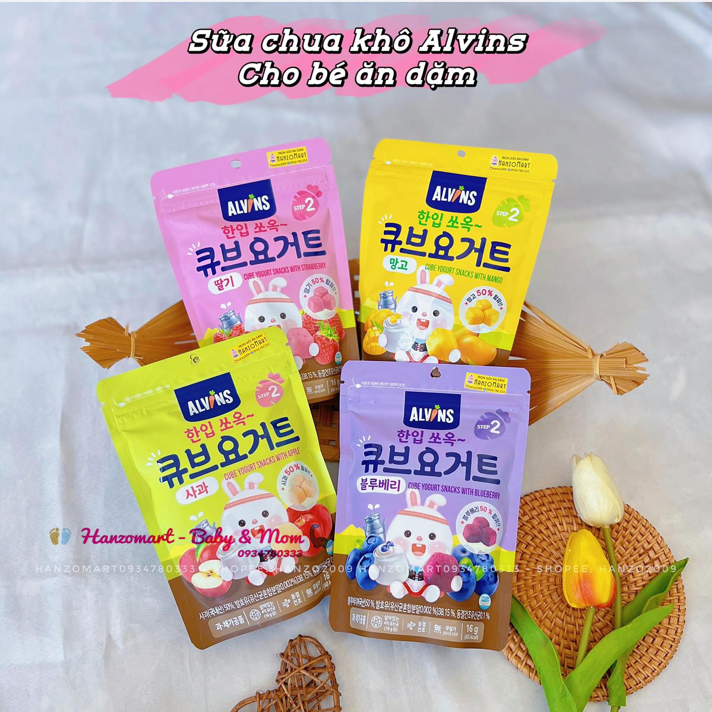 Sữa chua khô sấy lạnh cho bé ăn dặm 7m+ gói zip 16g Hàn Quốc - Alvins