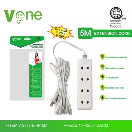 Vone 3/5m Extension Cord with Universal Socket and Switch