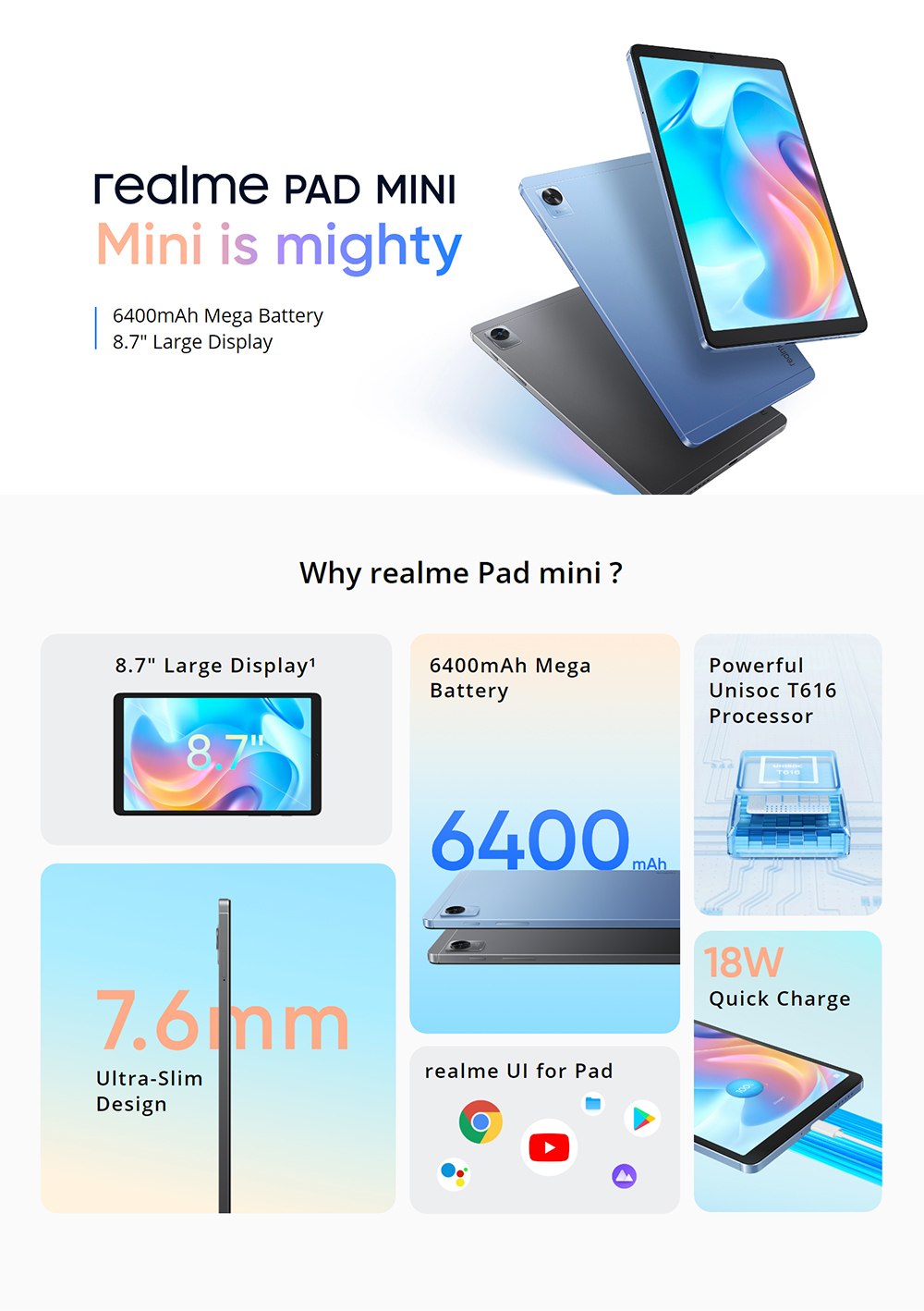 Realme Pad Mini Tablet, LTE / WIFI, 3GB+32GB / 4GB+64GB, 8.7” Large LCD  Screen Display, 6400mAh Mega Battery with 18W Quick Charge, Powerful  Unisoc T616 Octa-core Processor