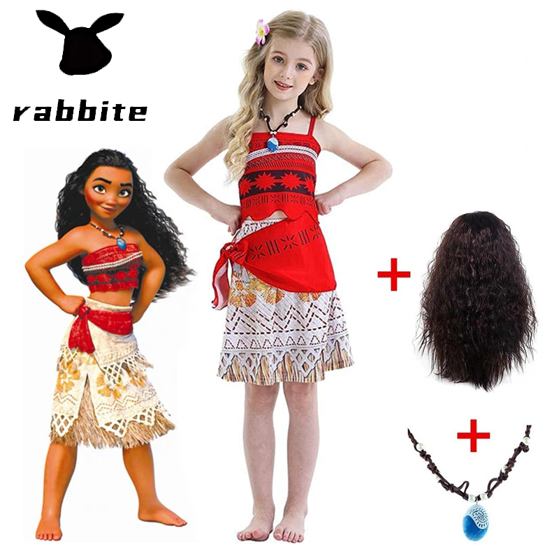 5PC Summer Girls Moana Costume +Necklace+Hairpin Cosplay for Kids Vaiana  Princess Dress