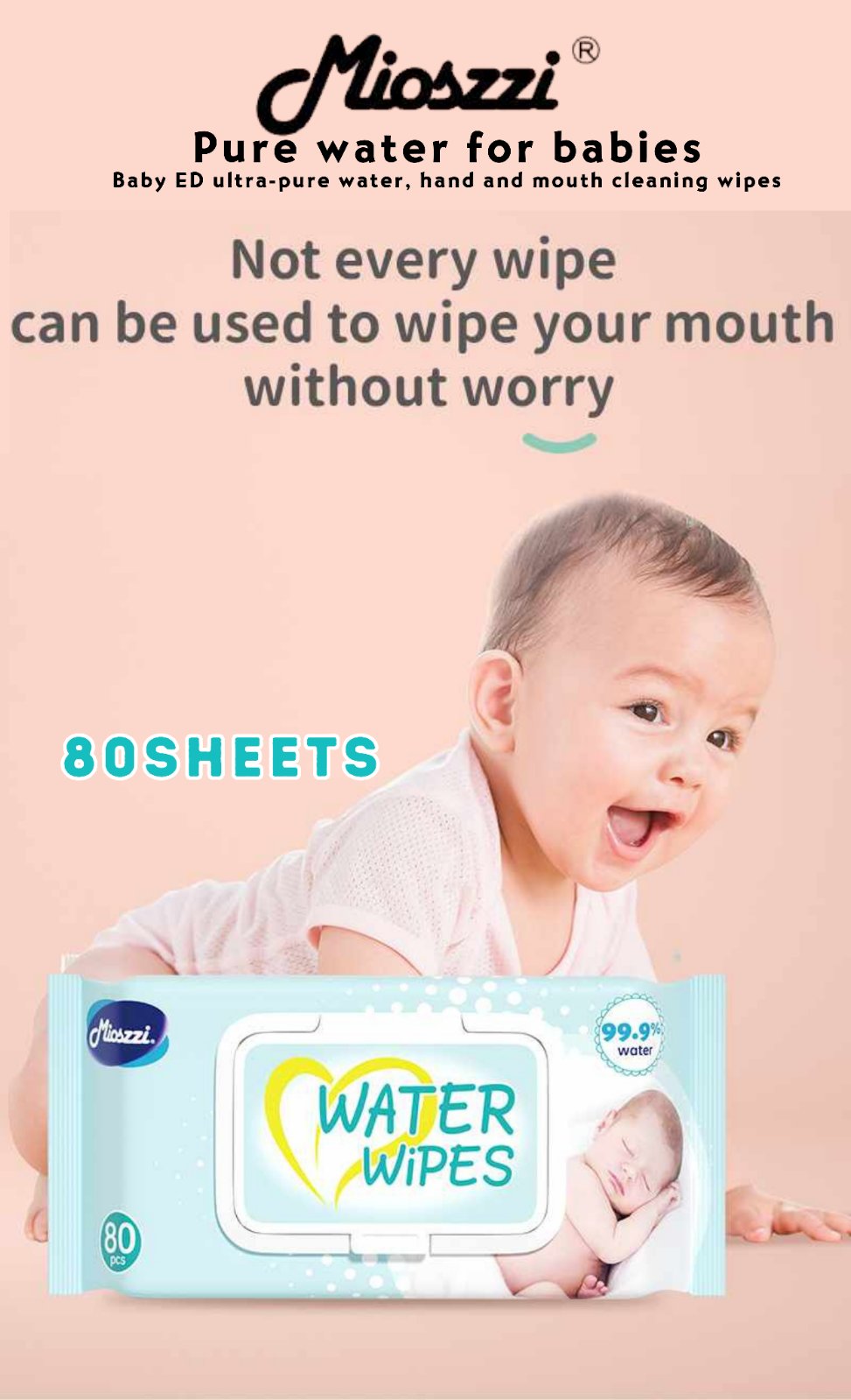Mioszzi Baby Wet Wipes Pure Water 80 Sheets Baby Water Wipes 100
