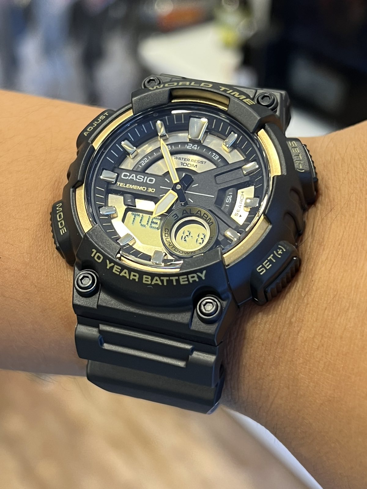 ORIGINAL CASIO World Time Analog Digital Black Resin Band Gold