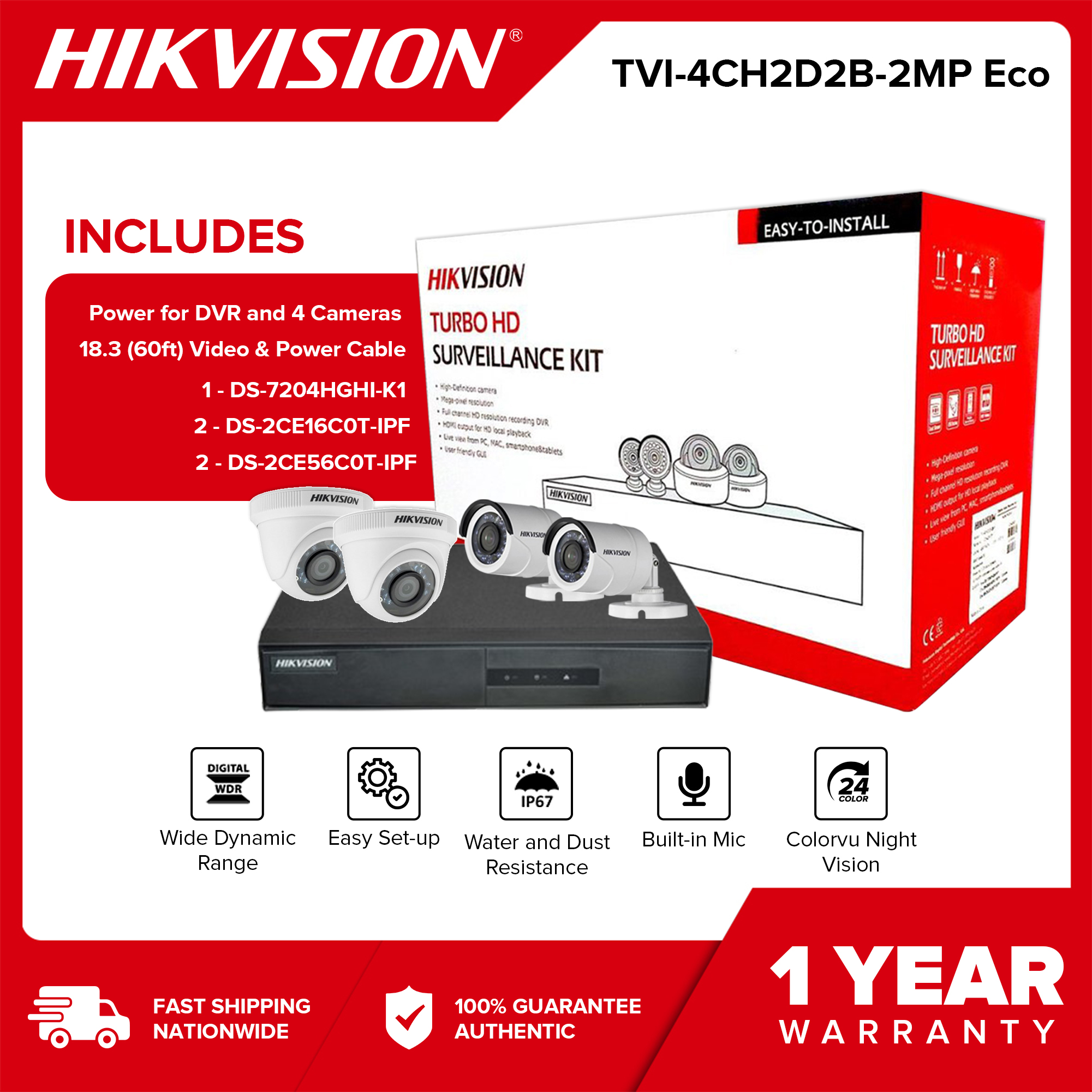 Hikvision TVI-4CH2D2B-2MP Eco 2MP 4CH Digital Video Recorder Kit HDTVI Combo Kit [x1 DS-7204HGHI-K1, x2 DS-2CE56D0T-IPF, x2 DS-2CE16D0T-IPF]