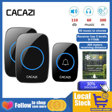 CACAZI A10 Wireless Doorbell: 60 Chime, 300M Range, Waterproof