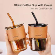 Dual-use Straw Coffee Cup - Hot/Cold Glass Mug (Brand: )