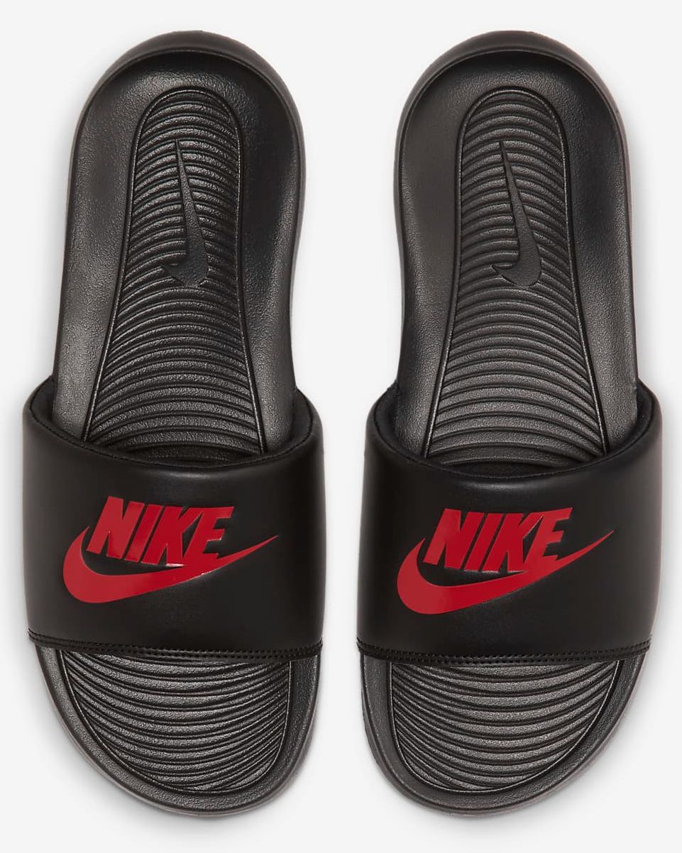 mens black and red nike slides