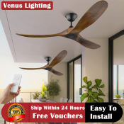 "Remote Control Ceiling Fan with Solid Wood Blades - CHNT"