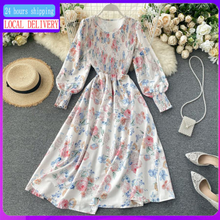 Korean Floral Print Long-Sleeved Muslim Dress by 