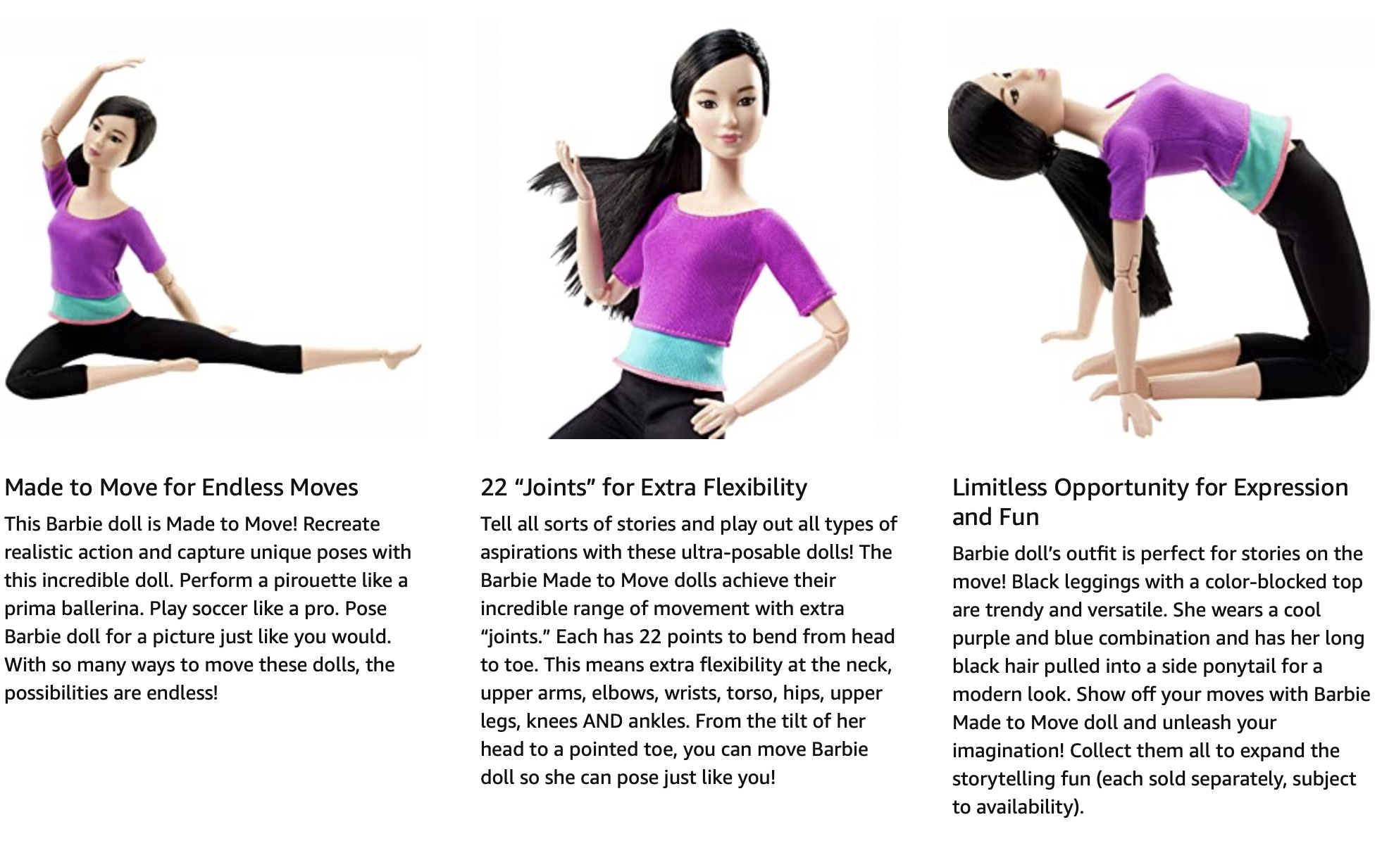 Barbie Made to Move Posable Doll in Purple Color-Blocked Top and Yoga  Leggings, Flexible with Black Hair ( Exclusive)