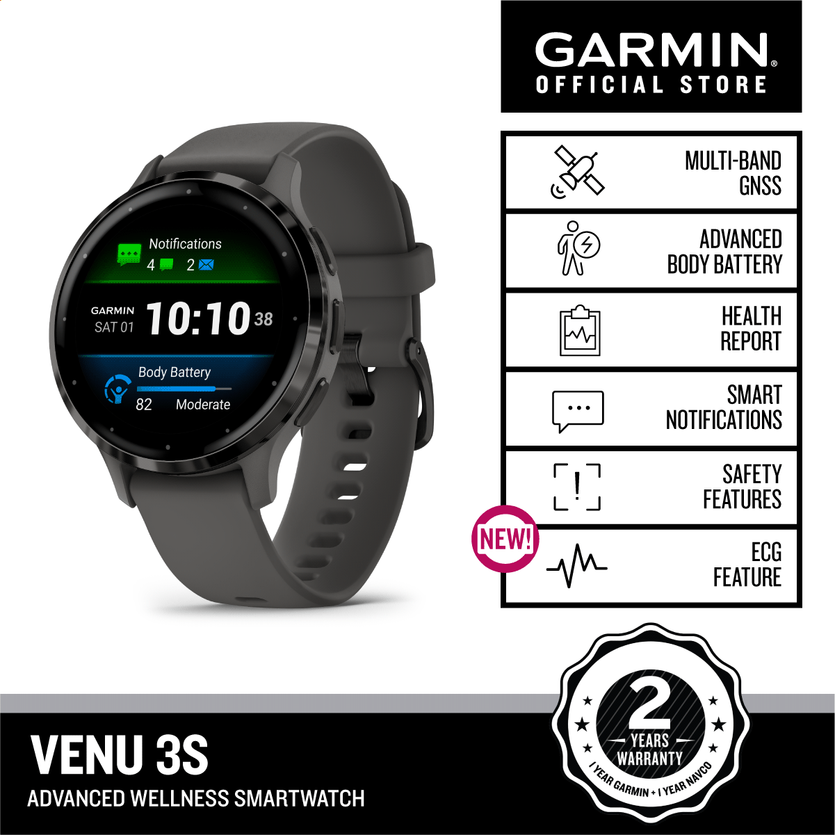 Garmin Venu 3S, Wellness Advanced, GPS, Wi-Fi Smartwatch, for Indoor Activities, 41mm