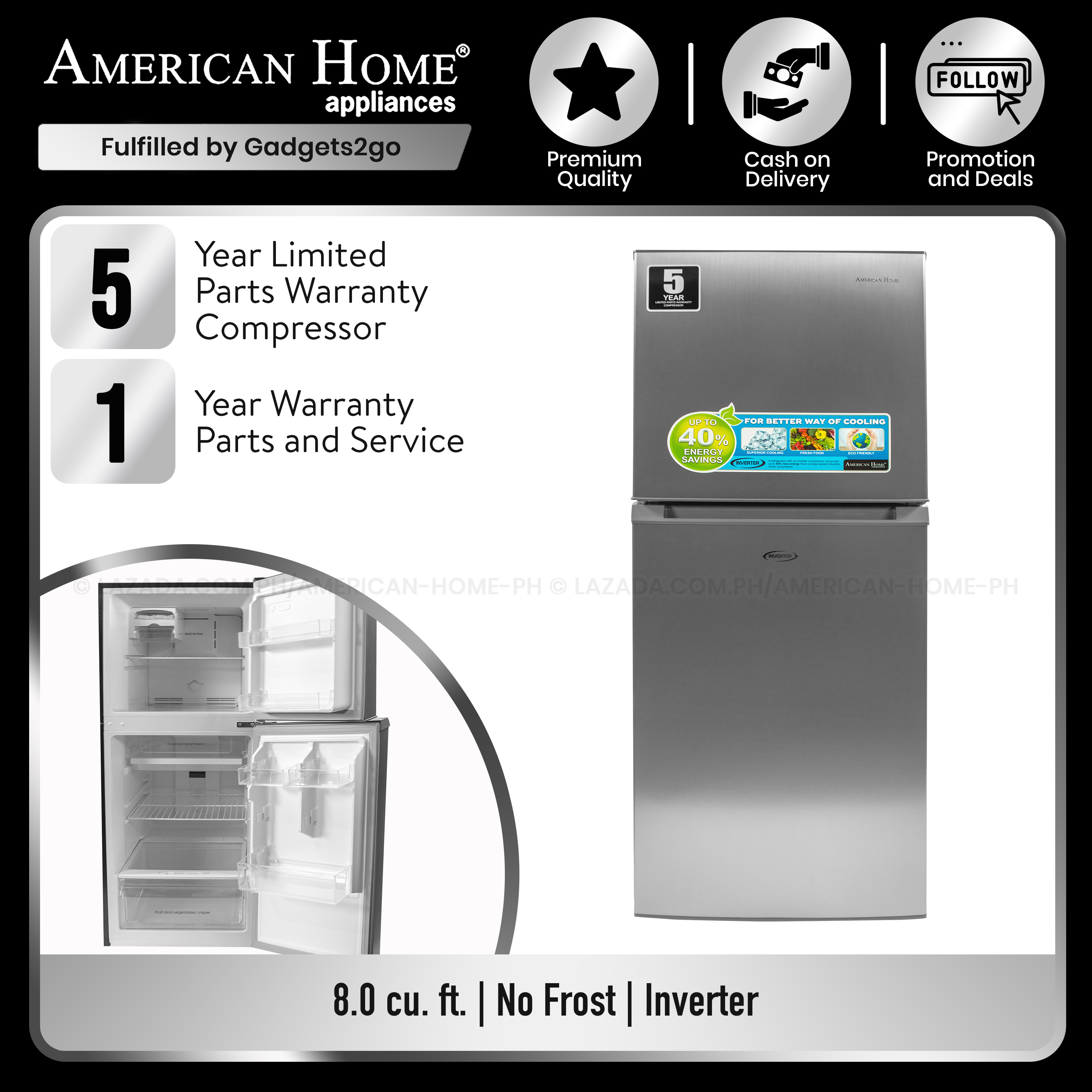 American Home 8.0 cu. ft. Inverter Refrigerator with No Frost