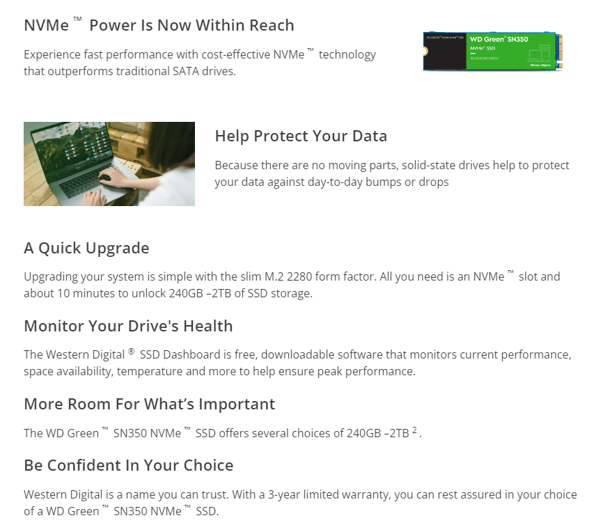 Western Digital 480GB WD Green SN350 NVMe Internal SSD Solid State Drive - Gen3 PCIe, M.2 2280, Up to 2,400 MB/s - WDS480G2G0C