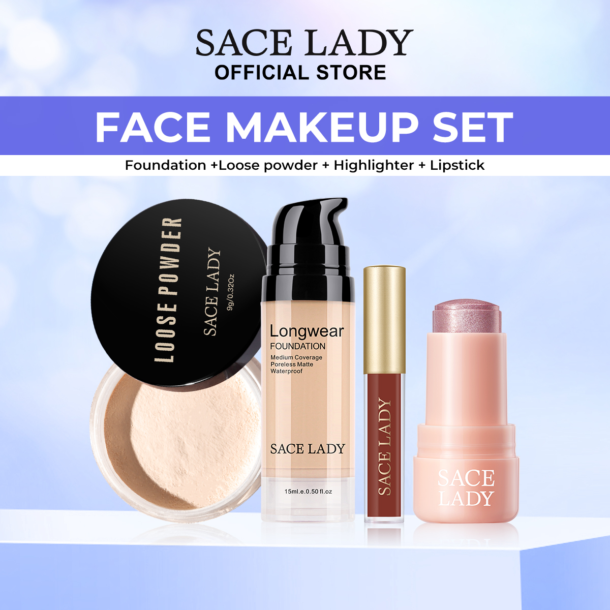 Discount on SACE LADY  shoes - SKU: SACE LADY Face Makeup Set 4Pcs Matte Foundation Oil Control Loose Powder Shimmer Highlighter Stick W