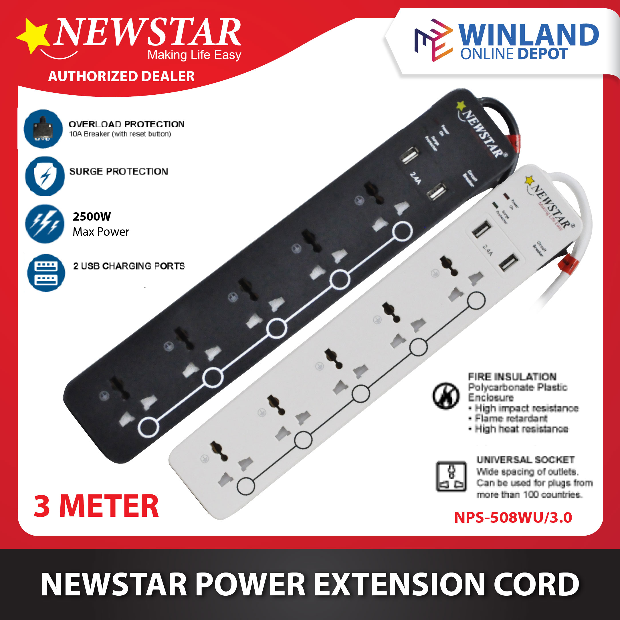 ROYU by Winland Power Extension Cord Overload and Surge Protected Outlets  w/ One Master Switch White meters 2500W REDEC604 Lazada PH