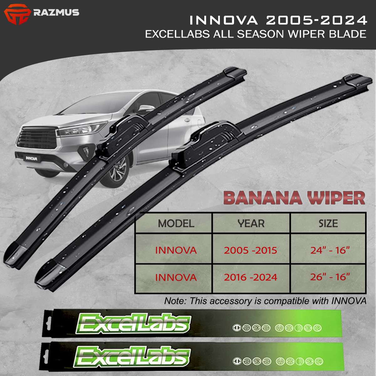 Toyota INNOVA Front Wiper Blade - All Season, Banana Rubber