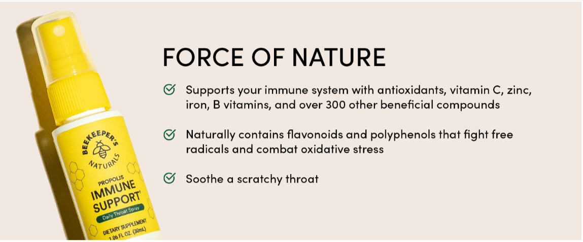 Propolis Throat Spray by Beekeeper's Naturals - 95% Bee Propolis Extract,  Natural Immune Support & Sore Throat Relief - Antioxidants, Keto, Paleo