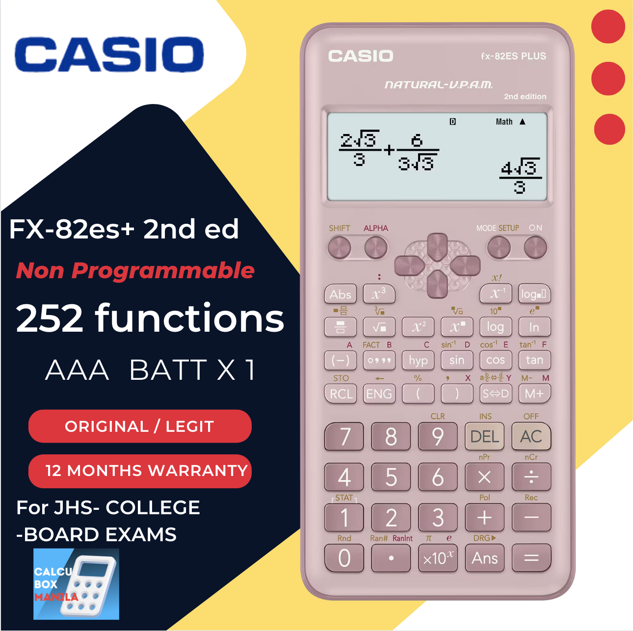 Casio FX-82ES Plus 2nd Édition - non-Programmable Calculatrice  Scientifique, 252 