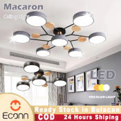 Modern LED Flush Mount Wooden Chandelier - Dimmable Tri-color Light