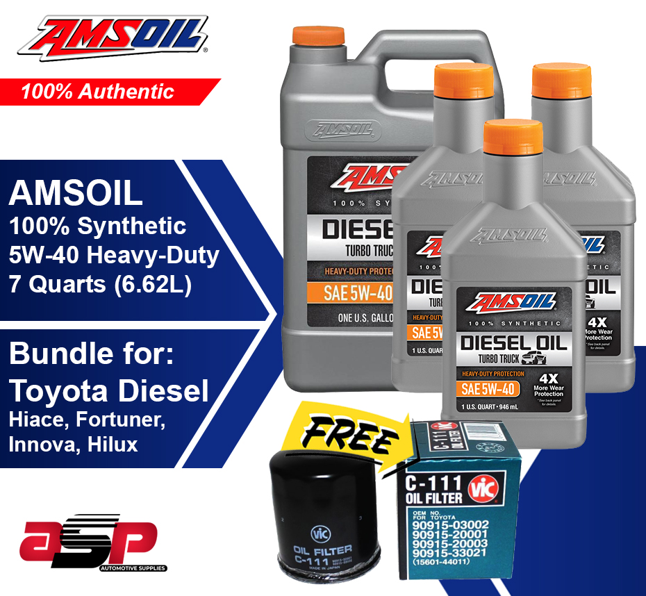 AMSOIL Heavy-Duty Synthetic Diesel Engine Oil 5W-40 7 Quarts Change oil for  Toyota (Free Vic C-111 Oil Filter)