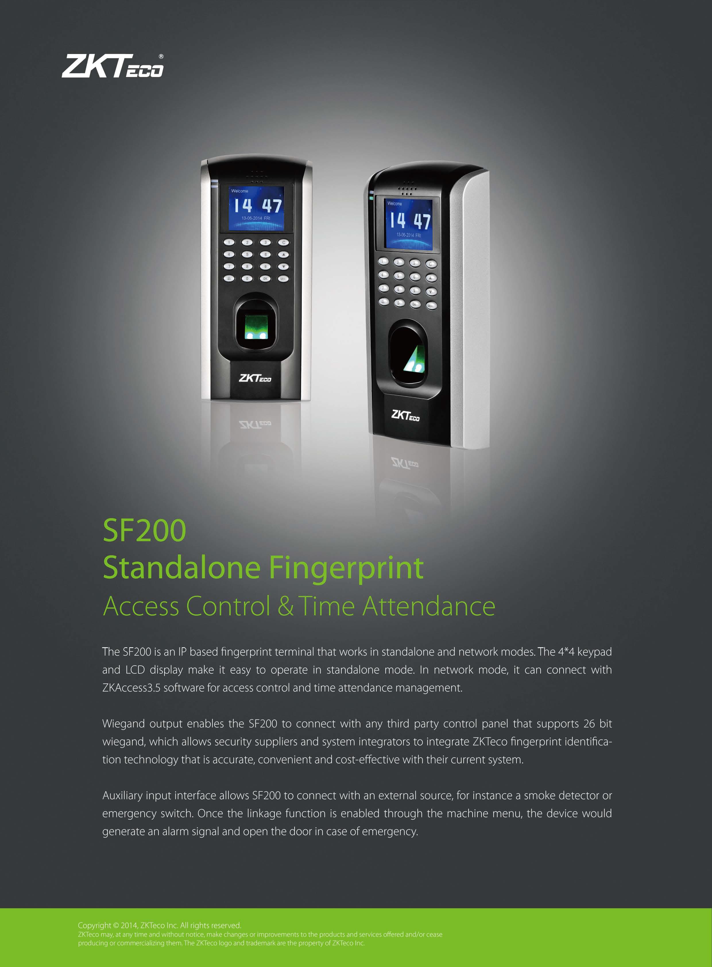 Zkteco Sf200 Standalone Fingerprint Access Control And Time