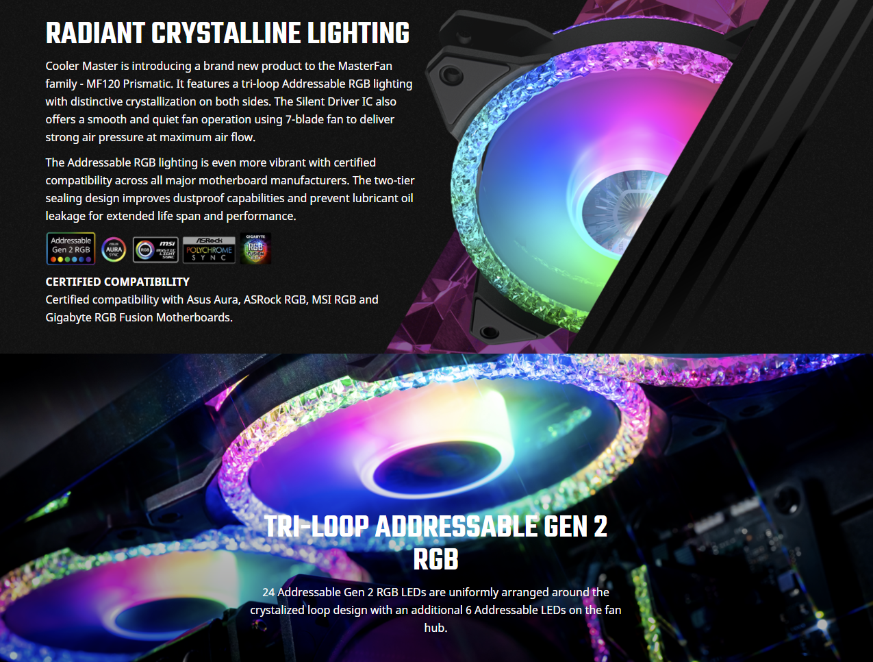 Cooler Master MasterFan MF120 Prismatic Addressable RGB 120mm Fan w/ Radiant Crystalline Lighting Effect-Crystallized Loop w/Tri-Loop ARGB Lighting, 24+6 Individually controlled LEDs, A-rgb PC Case Cooling Fan (MFY-B2DN-20NPA-R1) - 1pc